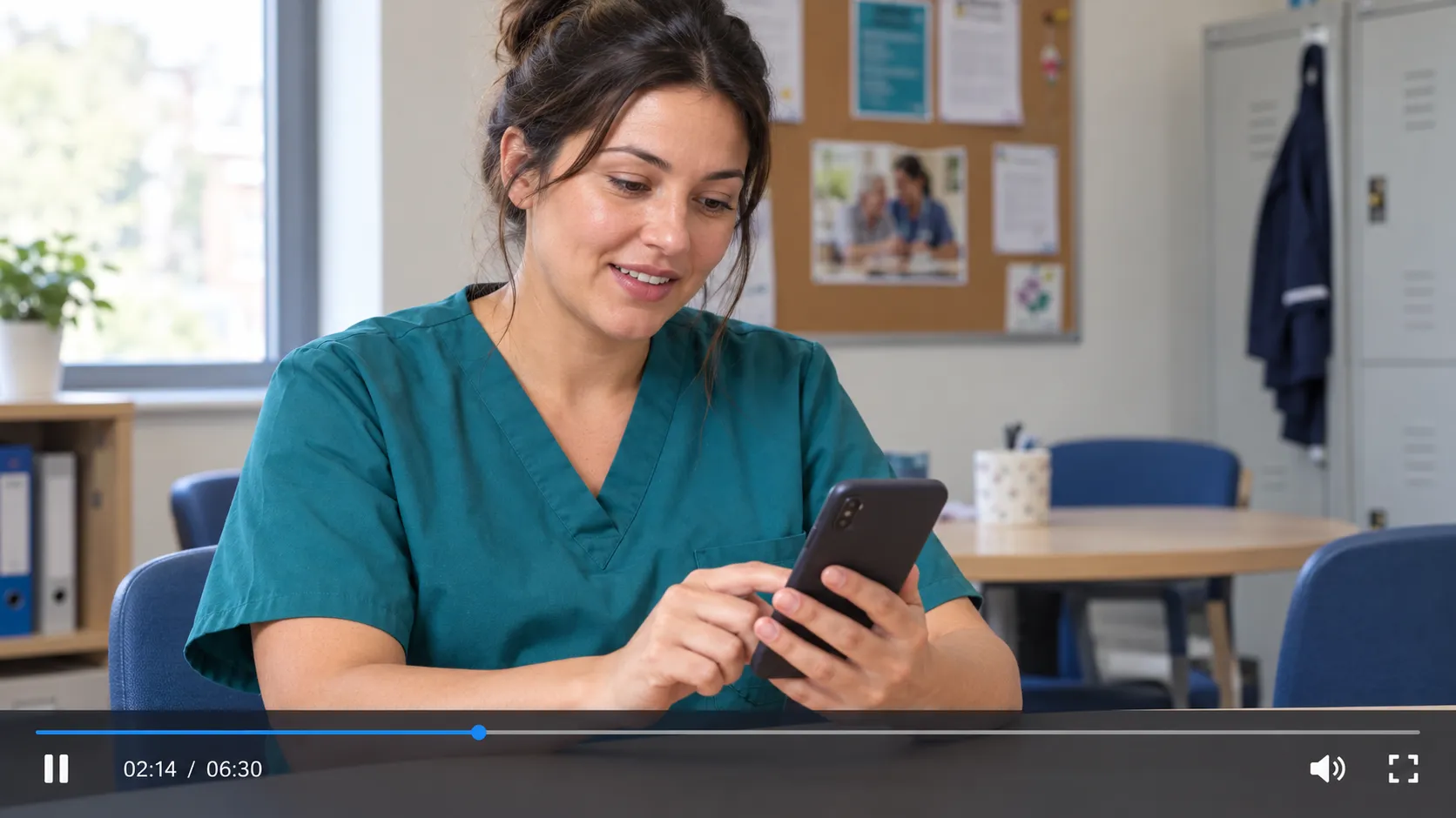 Preview of the CareLearn lesson player: a video of a care worker in scrubs doing a course on her phone, with play, progress and volume controls
