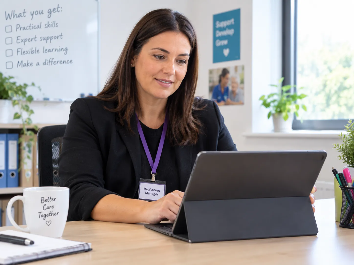 A registered manager smiling as she checks her laptop in a bright office